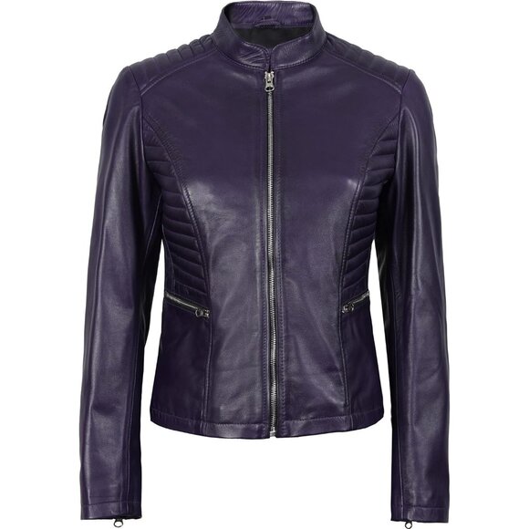 Women's Cafe Racer Style Real Leather Jackets Rachel Purple Zipper Long Sleeves - Picture 3 of 7